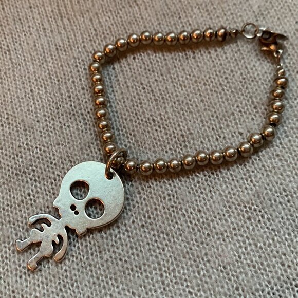 2x32$ ❄️👸👑 Trio Necklace Bracelet & Earrings - silver tone skull & bead chain - Picture 8 of 13